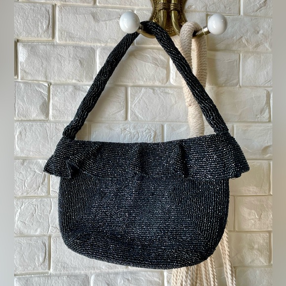 Vintage 1940s Ornately Hand-Beaded Black Sparkly Top Handle Evening Bag - Picture 12 of 13